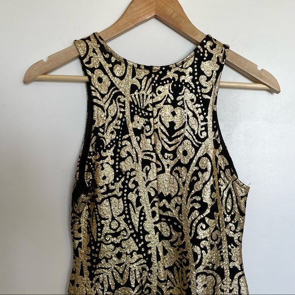 Carina Black and Gold Filigree Baroque High Neck Bodycon Cocktail Dress - Picture 10 of 15